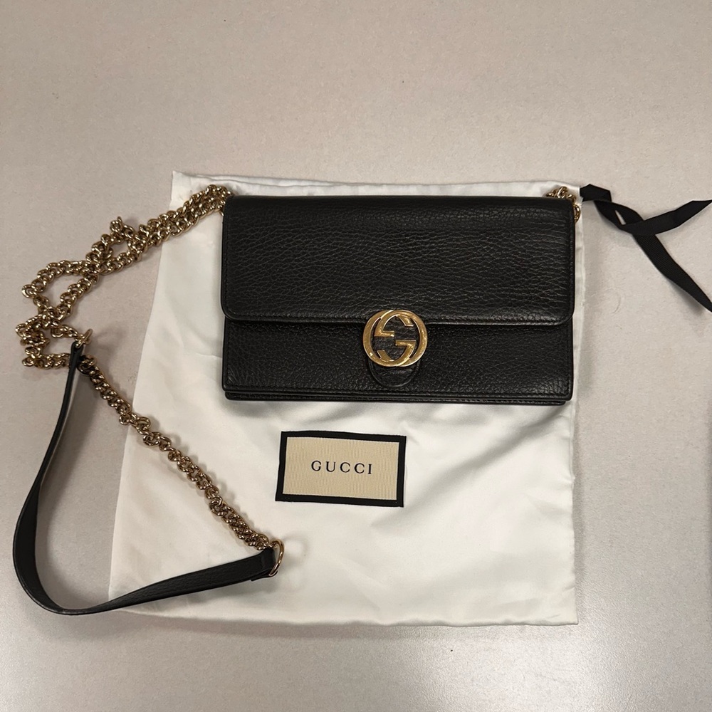 Gucci Interlocking Chain Wallet Black Leather Cross Body Bag - Picture 12 of 16